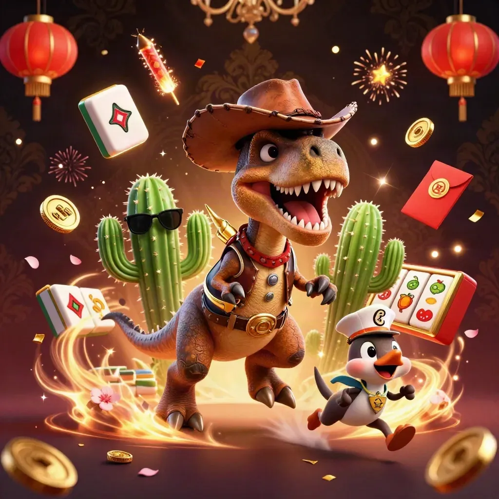 Cowboy T-Rex, cactus sidekick and sheriff roadrunner amid casino treasures and fireworks.