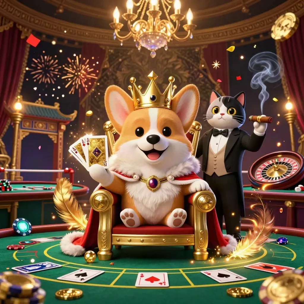 Royal corgi and cat butler in a luxe casino fantasy with gold, firelight, and a temple gate.