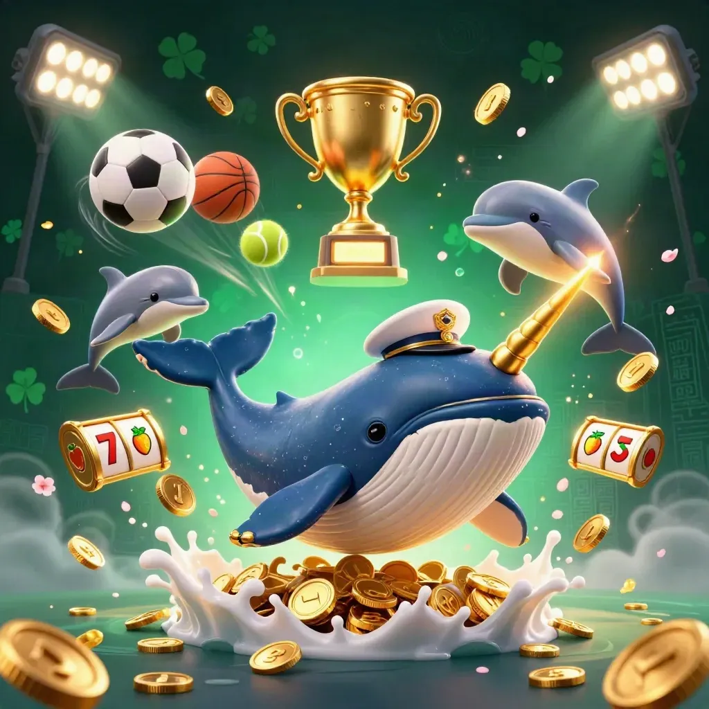 Whale captain, narwhal, and dolphins burst through coins amid casino lights and sports balls.
