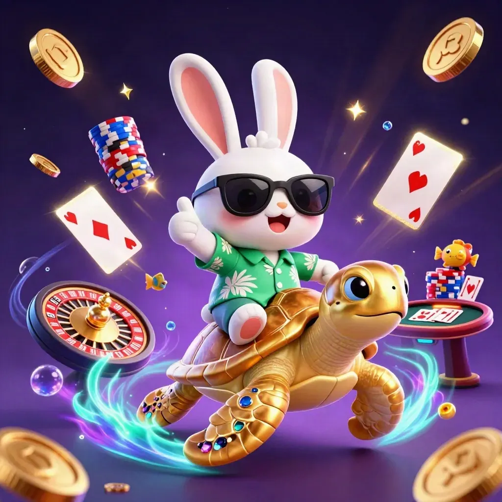 Lucky rabbit rides a golden turtle amid coins, chips, cards, bubbles, and neon casino glow.