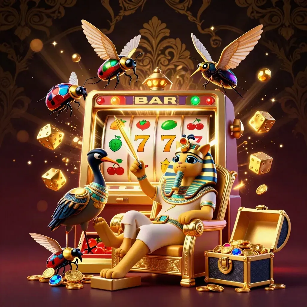 Pharaoh cat on a golden throne with ibis scribe, scarabs, bursting slots, gold and gems.