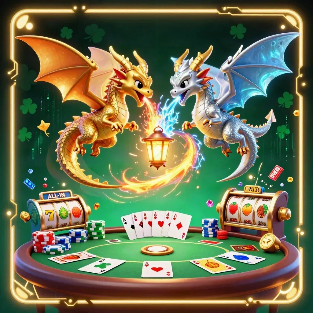 Twin gold and silver dragons spiral over poker chips, cards, and glowing casino energy.