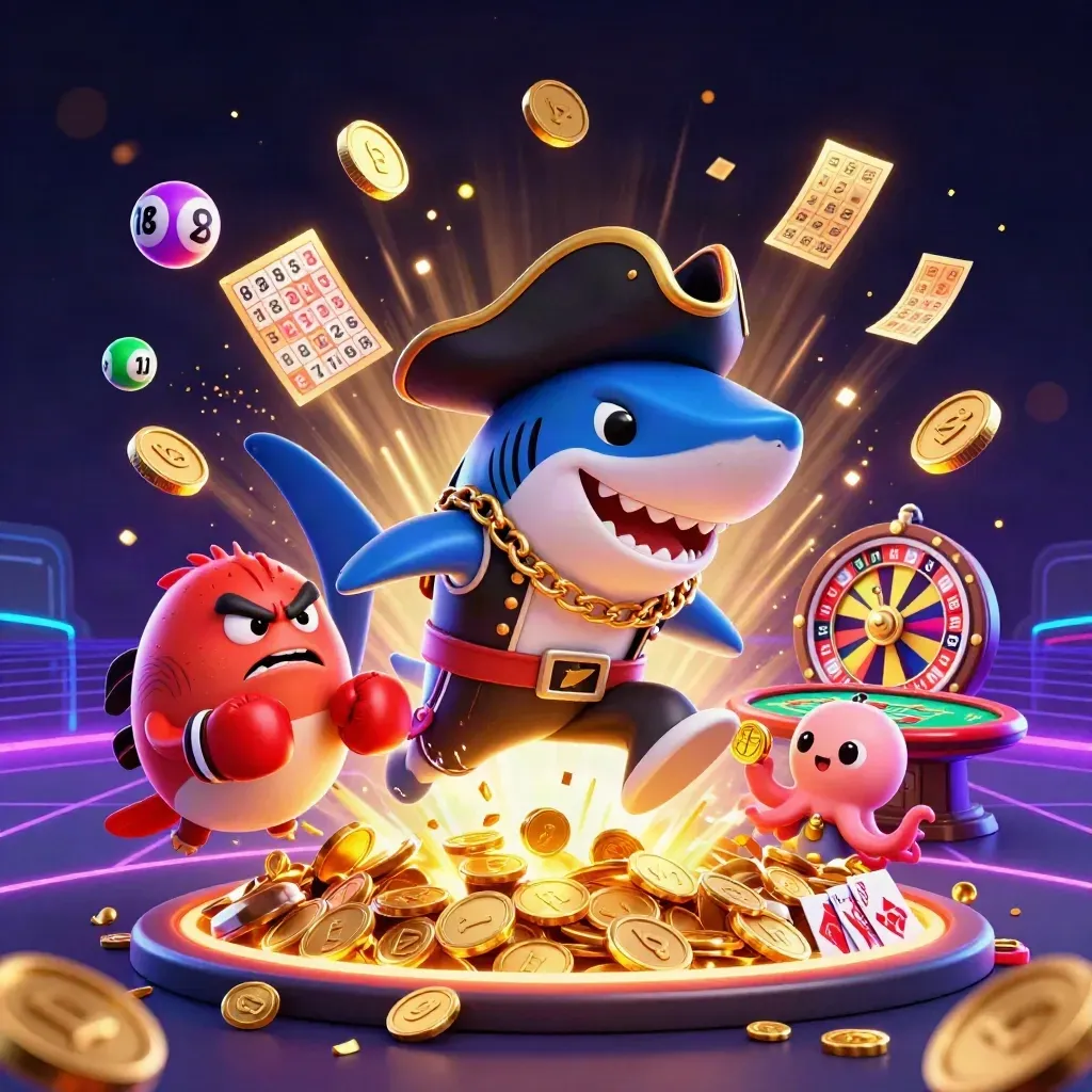 Pirate shark, boxing pufferfish, and coin-juggling octopus burst amid casino prizes and fireworks.
