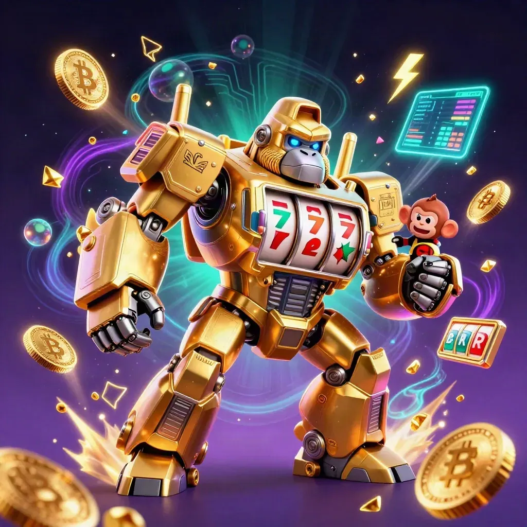 Golden gorilla mech with tiny monkey pilot, exploding treasure, coins, and neon casino effects