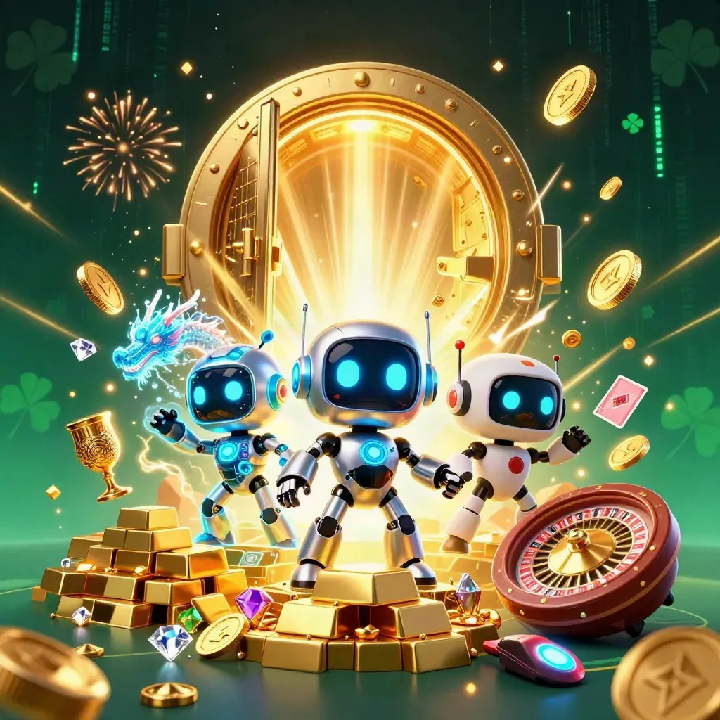 Robot, dragon, and drone burst from a gold vault with casino prizes and neon effects.