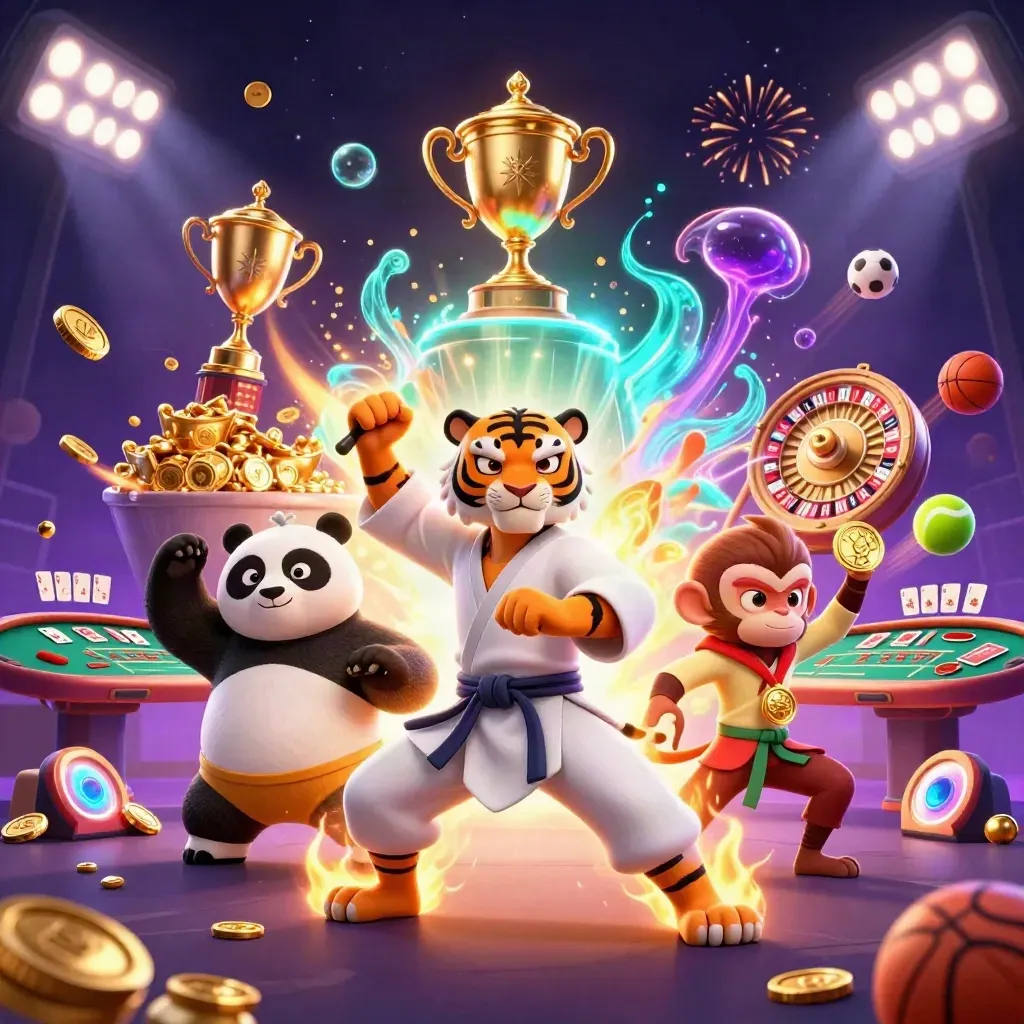 Tiger, panda, and monkey casino heroes amid coins, sports balls, roulette, and fireworks.