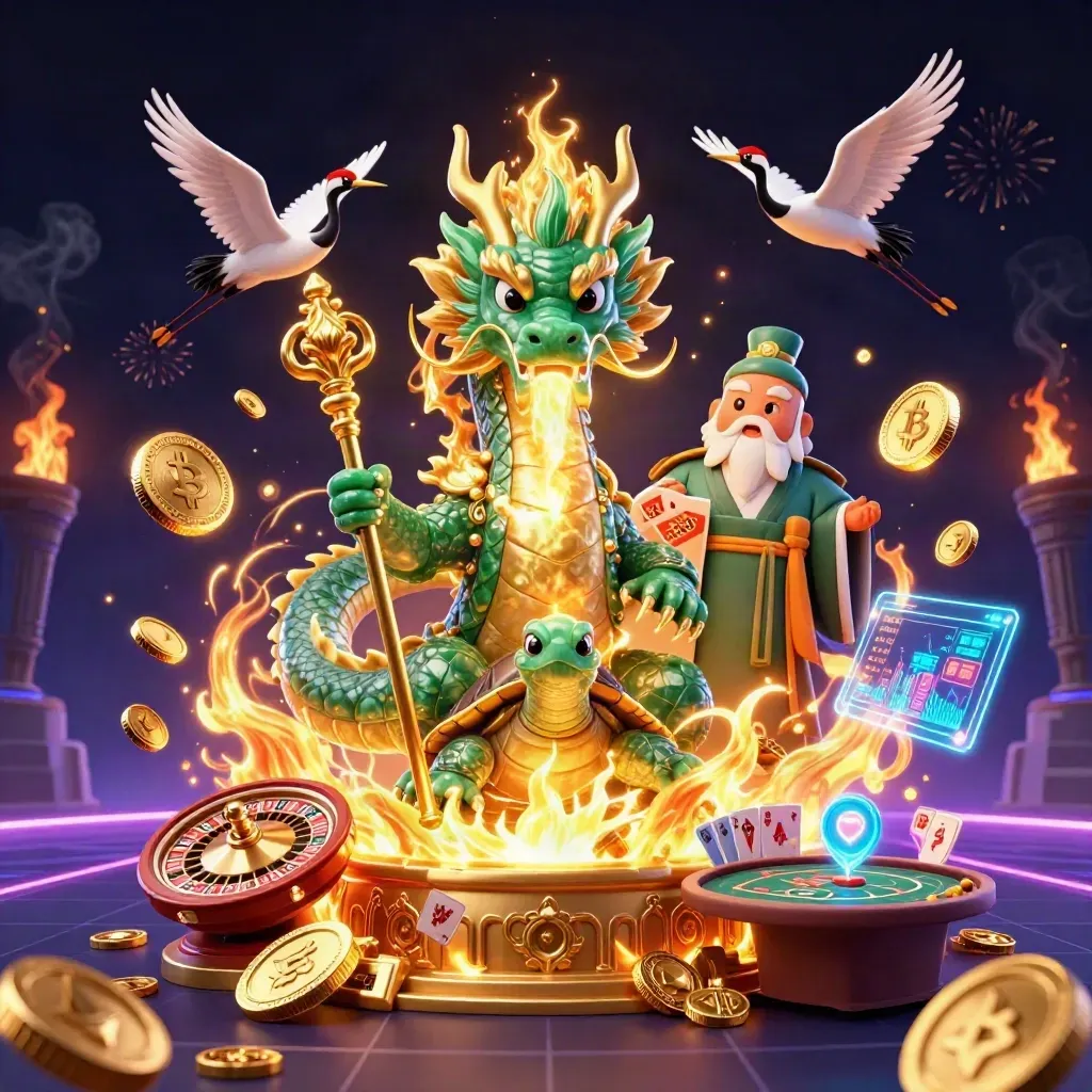 Emerald dragon, turtle sage, and cranes burst from coins and casino lights in a dark neon vault.