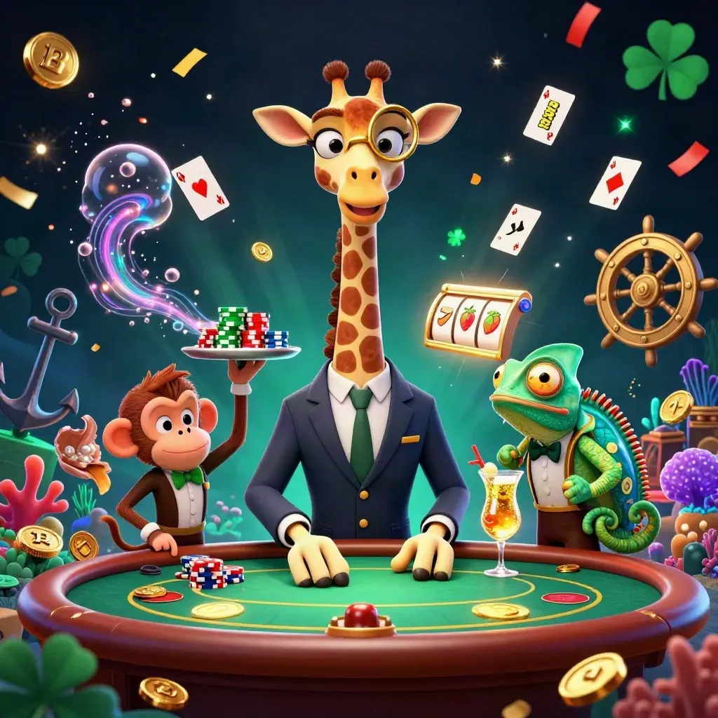 Giraffe, monkey, and chameleon in a neon casino treasure cove with reels and gold sparks.