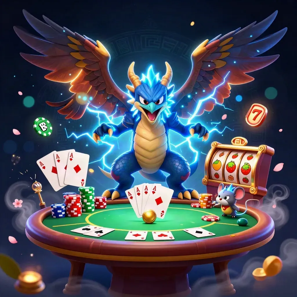 Thunder dragon, wind hawk and static mouse amid casino cards, chips and slot reels.