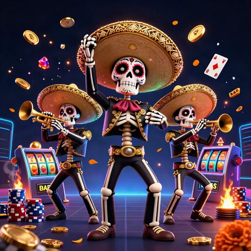 Skeleton mariachi trio amid coins, chips, reels, and a neon casino glow
