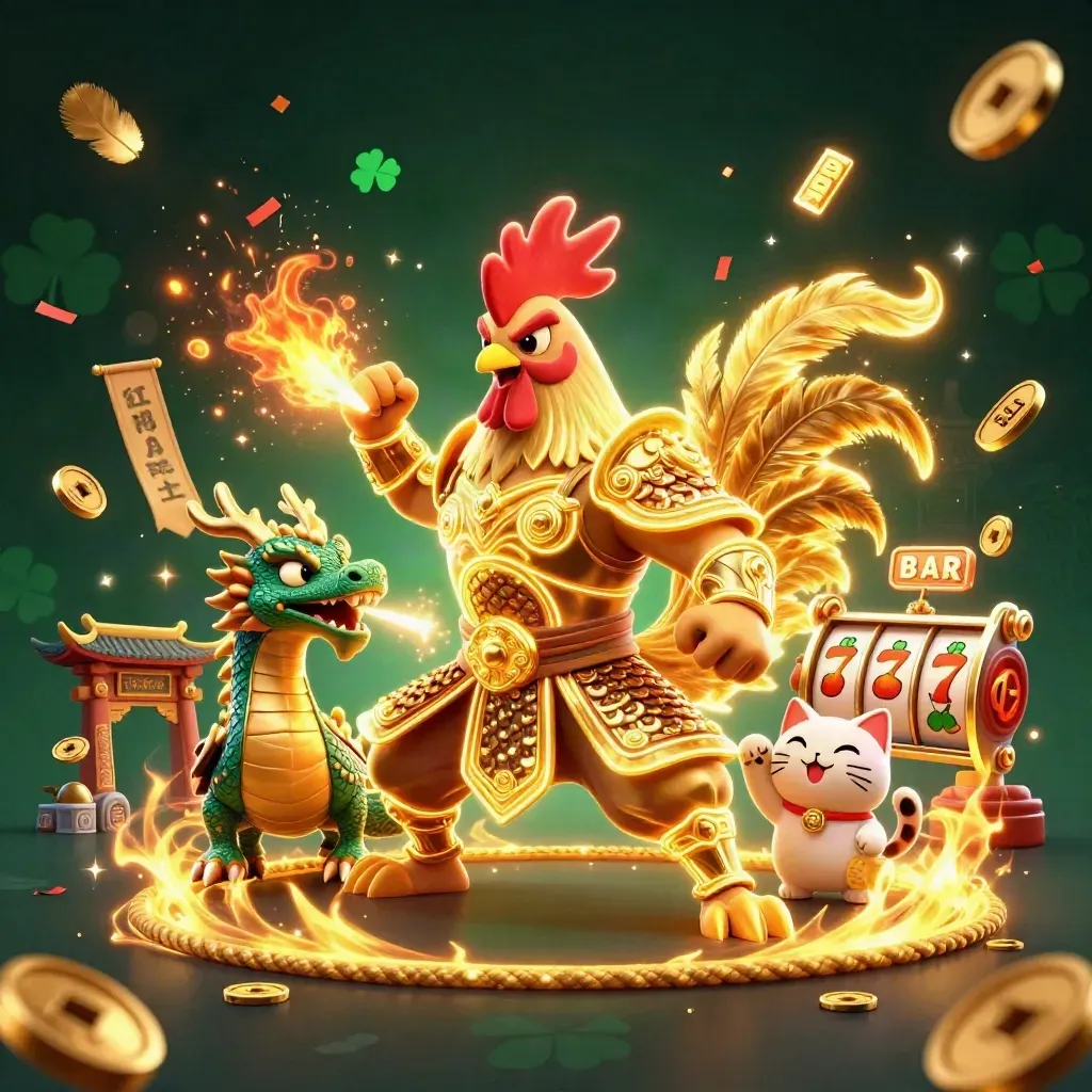 Golden rooster warrior, dragon hatchling, and fortune cat amid casino sparks and jackpots