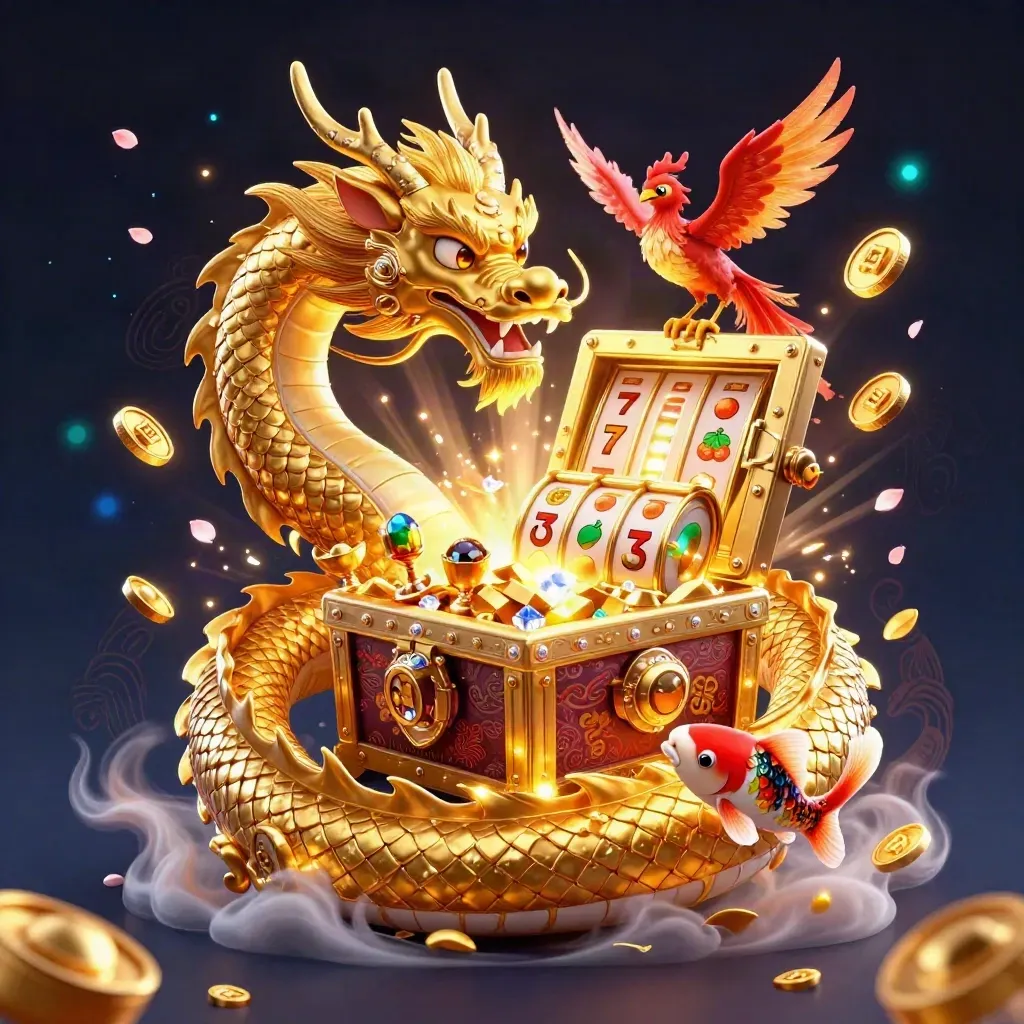 Golden dragon with phoenix and koi amid treasure vault glow, slot icons, and casino loot