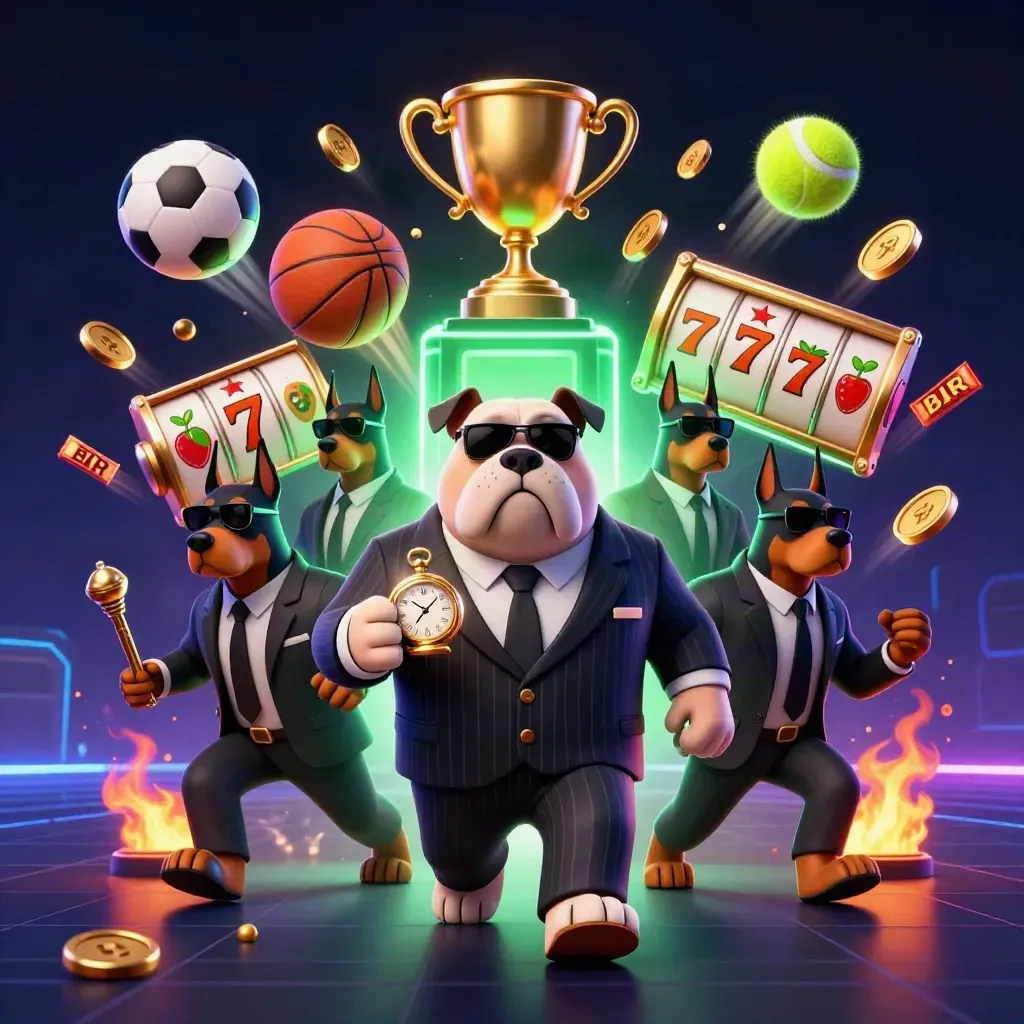 Bulldog boss and two Doberman guards amid casino balls, coins, trophy, reels, and neon haze.