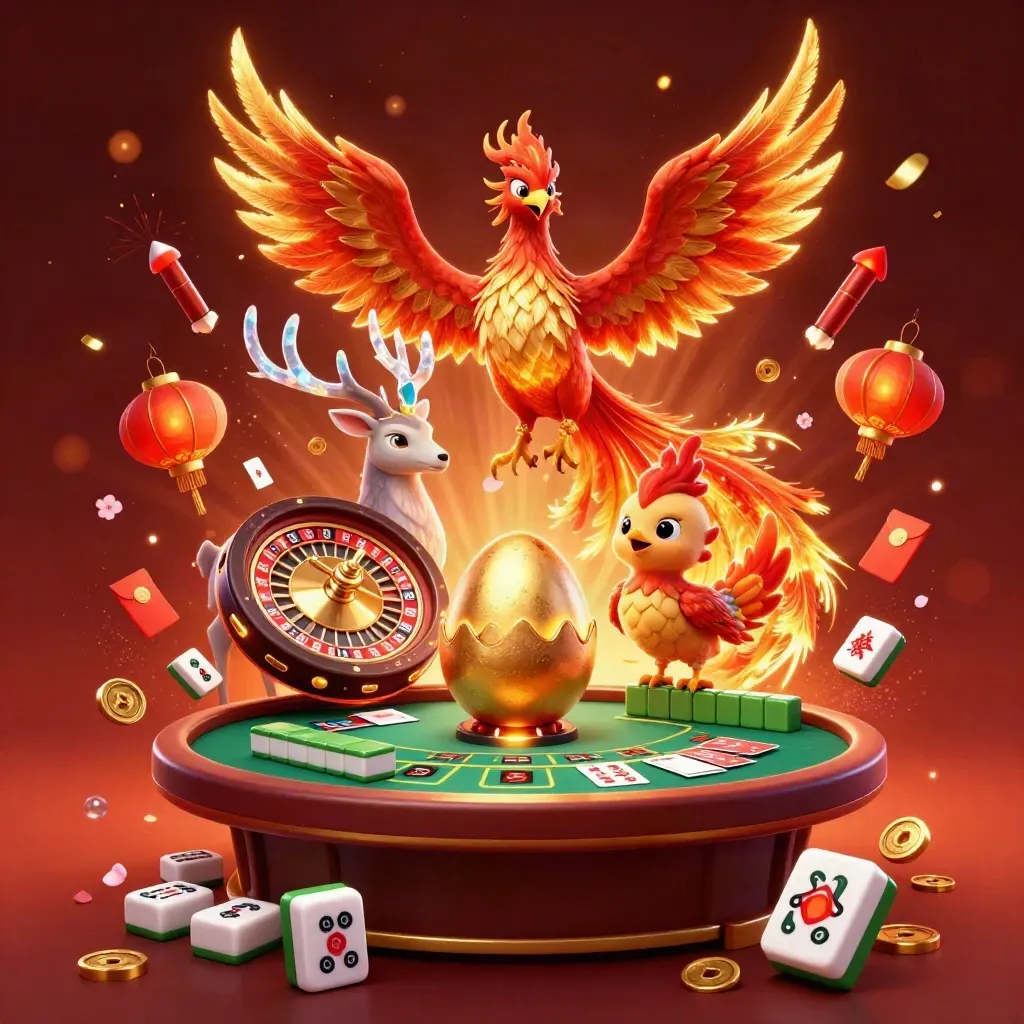 Fire phoenix, hatching baby phoenix, crystalline stag, and casino symbols with gold sparks.