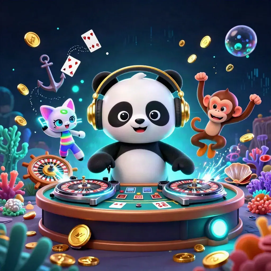 DJ panda, breakdancing monkey and glow-stick kitten in neon casino treasure cove with roulette wheels