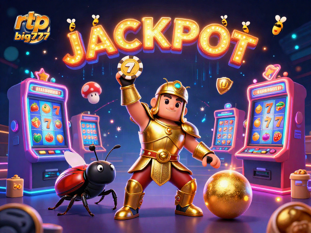 Menyaksikan rtp big777 pada ilustrasi 3D kartun menampilkan kumbang hercules dengan armor, simbol jackpot dan mesin slot.