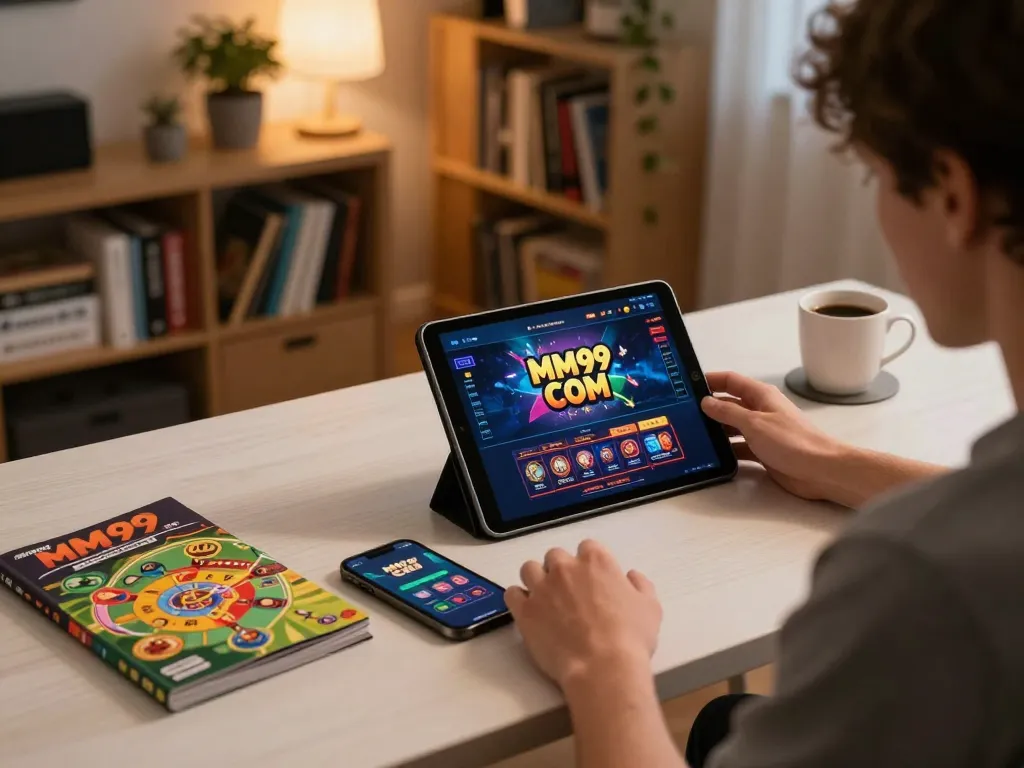Engaging scene of a player focused on MM99 COM, enjoying strategic online gambling at home.