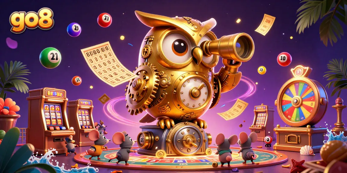 Experience thrilling wins at go8 with an ultra-detailed casino-themed illustration showcasing vibrant lottery elements and a golden owl.