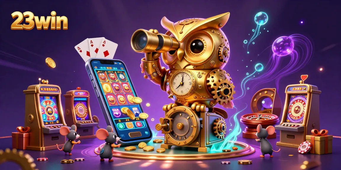 Experience thrilling gameplay at 23win with a dynamic casino scene featuring a golden owl and vibrant slot games.
