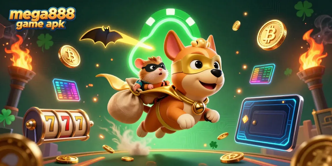 Engage with the mega888 game apk excitement; a superhero dog flying, surrounded by slots, coins, and glowing elements.