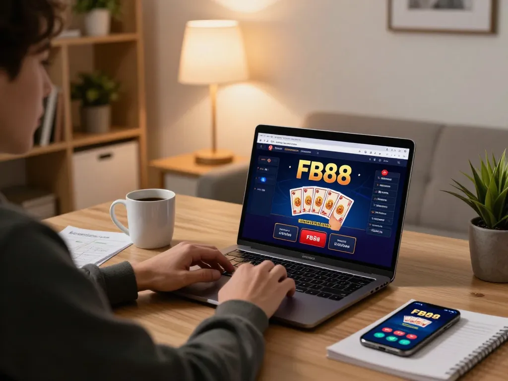 Engaged player exploring FB88's online casino features on laptop in a cozy home office.