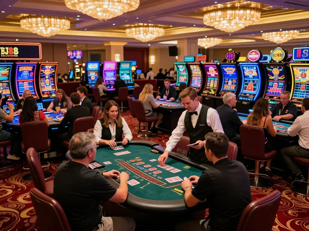 Players enjoying blackjack and roulette games at BJ88 casino, showcasing vibrant casino floor activities.