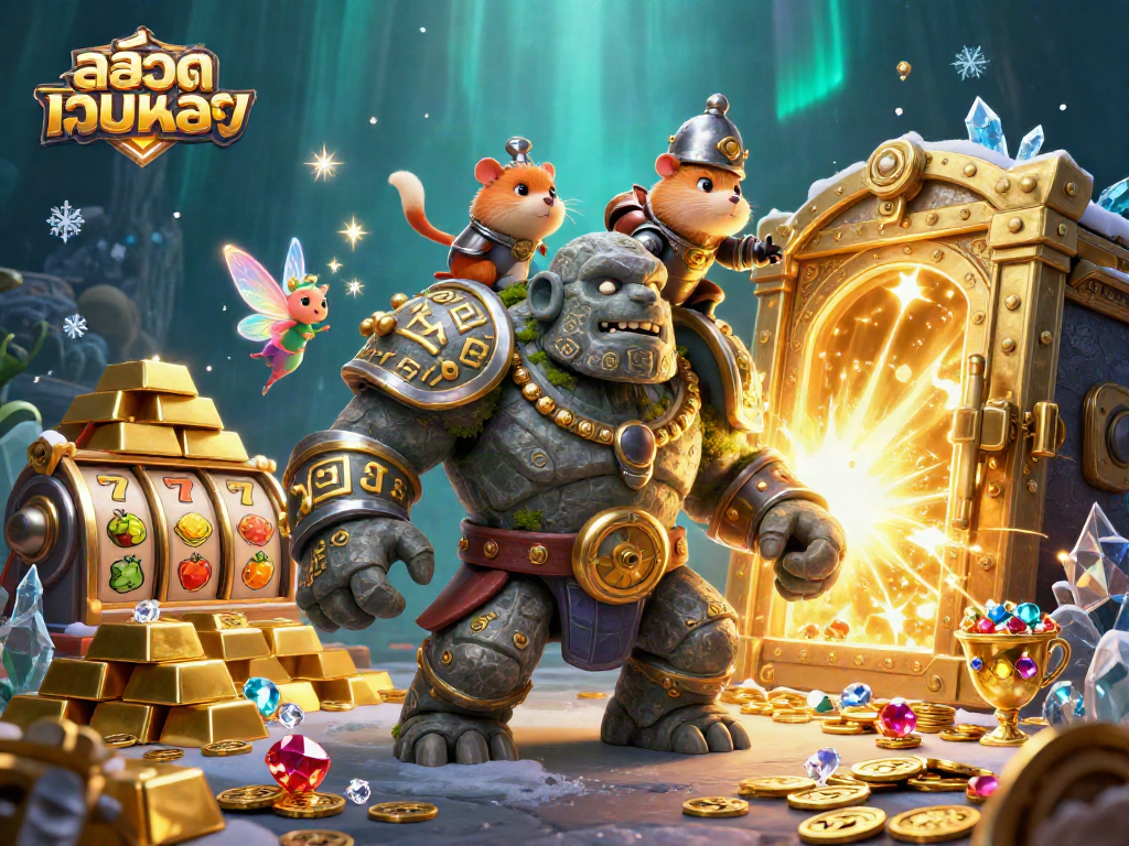 Engage with สล็อตเว็บตรง in a magical casino adventure with a golem, fairy, and hamster knight.
