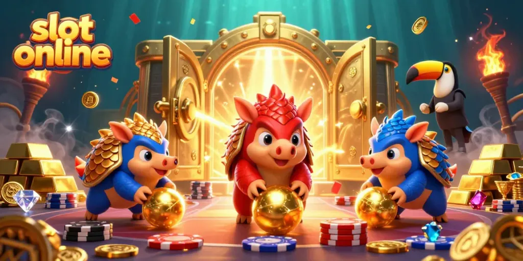 Pangolins rival bermain slot online dan melempar chip poker, merayakan kemenangan dengan karakter berwarna.