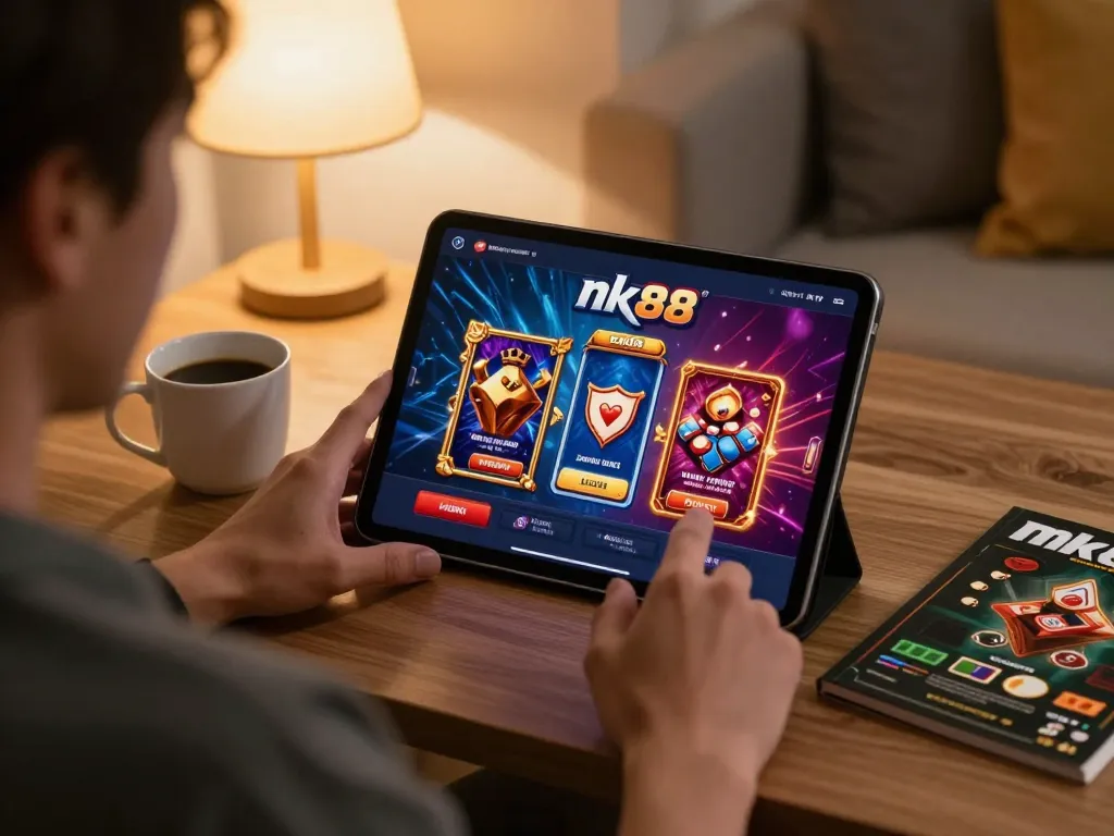Engaging player focusing on nk88 casino app interface, enjoying responsible online gambling.