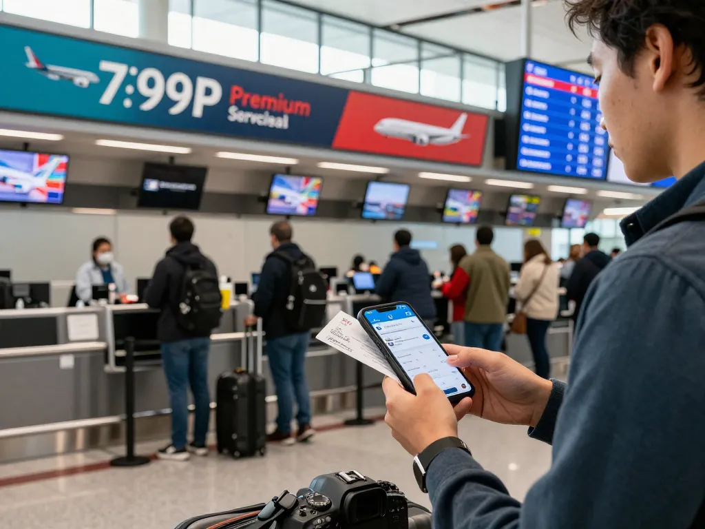 Traveler preparing for a flight on the 789P aircraft, showcasing airport excitement and premium service.