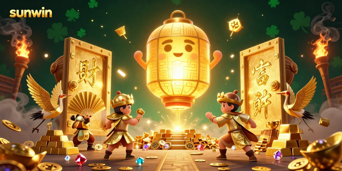 Experience thrilling casino action at sunwin with golden lanterns, warriors, and treasure elements in a dazzling illustration.
