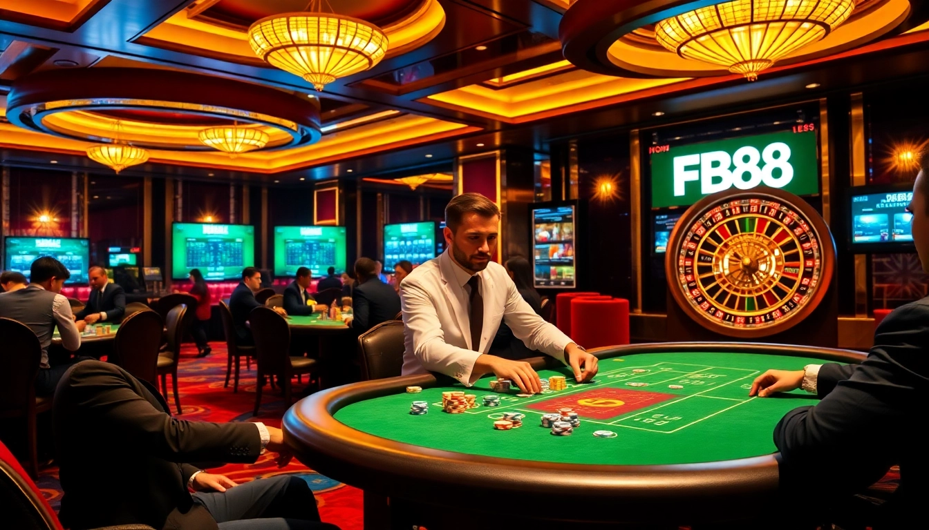 Experience excitement at FB88's luxurious casino, featuring a vibrant poker table and roulette wheel.