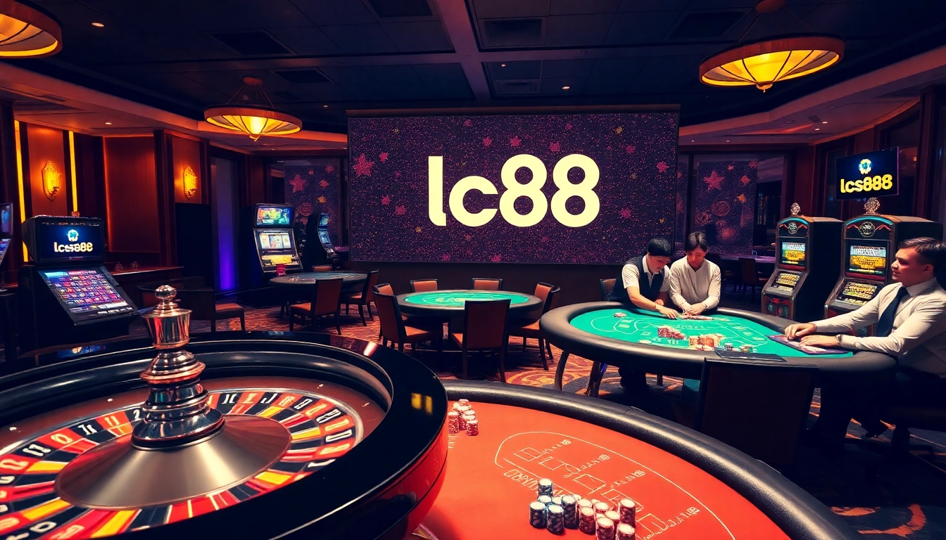 Exciting gaming scene at lc88 casino with roulette wheel, poker chips, and players.