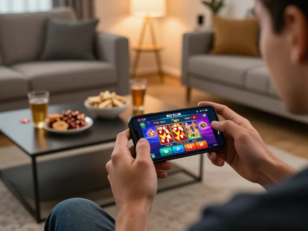 B52 CLUB gaming experience on smartphone with colorful animations and cozy setting.