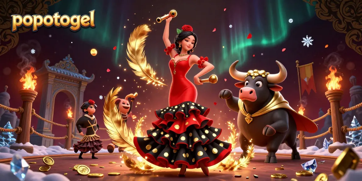 Engage in thrilling popotogel gameplay with a stunning flamenco dancer and a cartoon bull amidst vibrant casino elements.