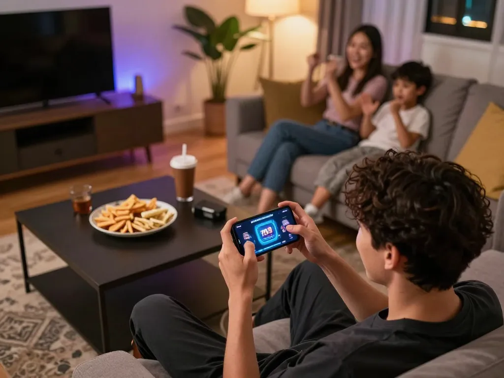 Engaged player enjoying poker on 789club's mobile app in a cozy home setting.