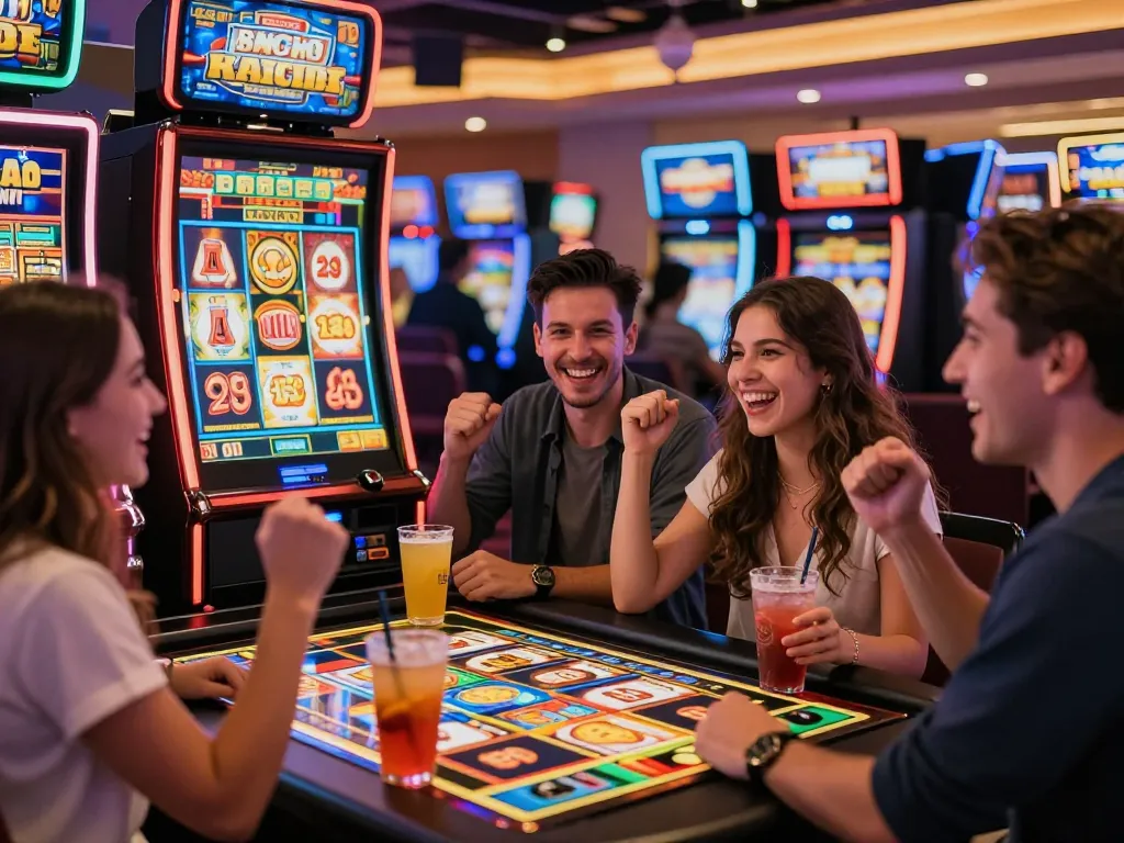 Players celebrating a jackpot win on slot gacor machines in a vibrant casino setting.