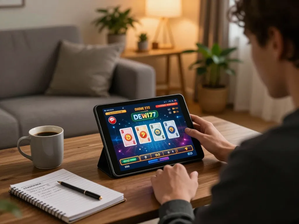 Pemain menikmati pengalaman gaming online DEWI77 di rumah dengan catatan strategi dan antarmuka tablet.