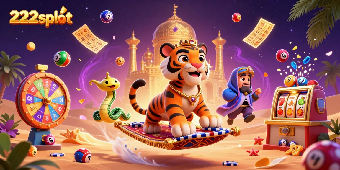 Raih kemenangan besar di 222slot dengan ilustrasi kasino yang penuh warna dan slot menarik.