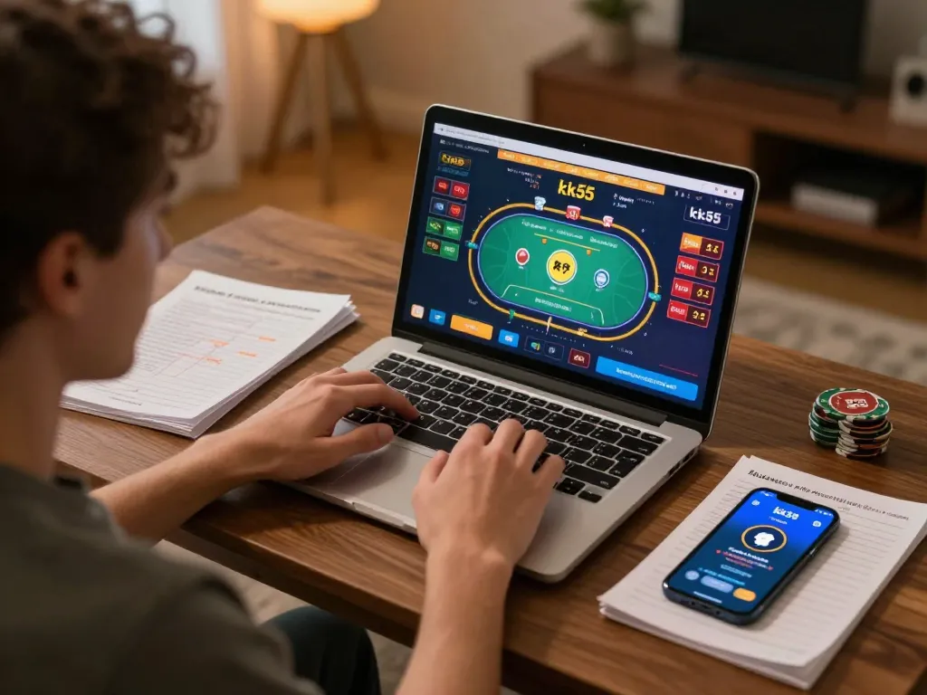 Player enjoying kk55 online casino games on laptop, highlighting strategic gameplay and responsible gambling.
