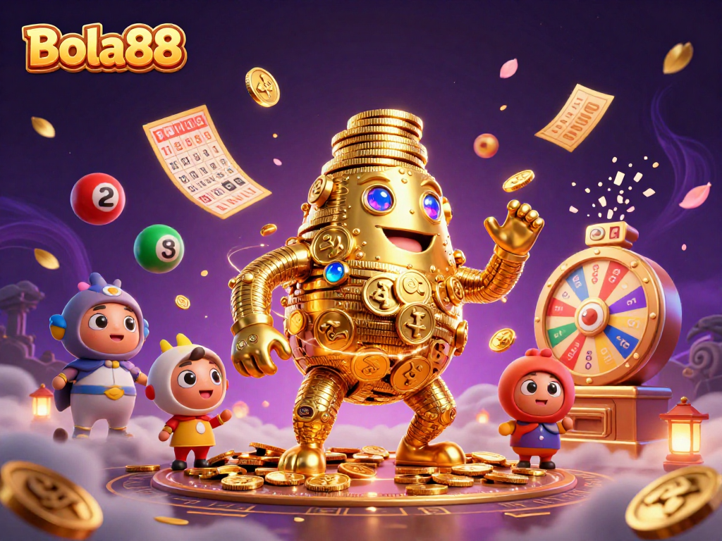 Bola88 menawarkan ilustrasi kasino dinamis dengan golem emas dan elemen lotere yang memikat.
