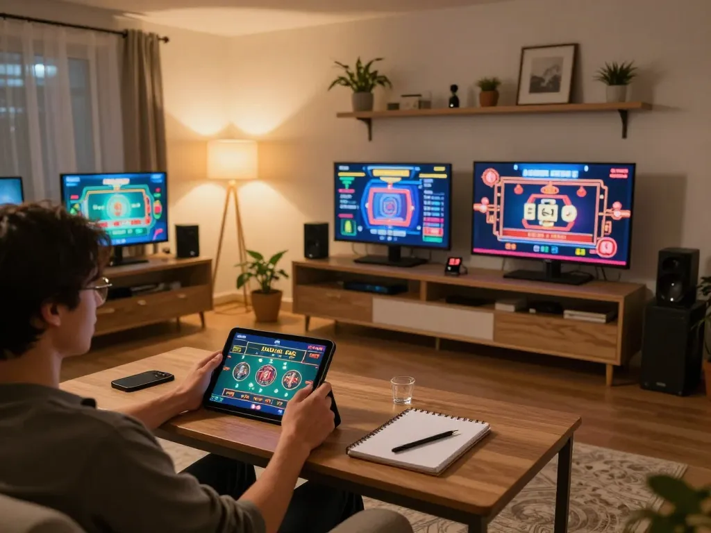 Engaging online gambling scene at https://kkwin68.info/ showing a player strategizing with a tablet and notepad.