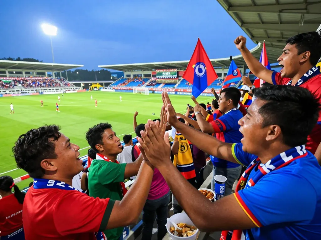Excited fans celebrating Judi Bola during a football match, showcasing vibrant atmosphere and community spirit.
