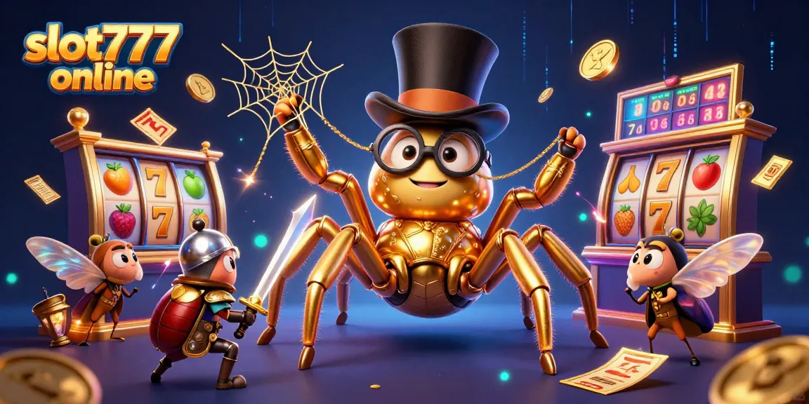 Engage with slot777 online featuring a golden tarantula and beetle knight in a vibrant casino scene.
