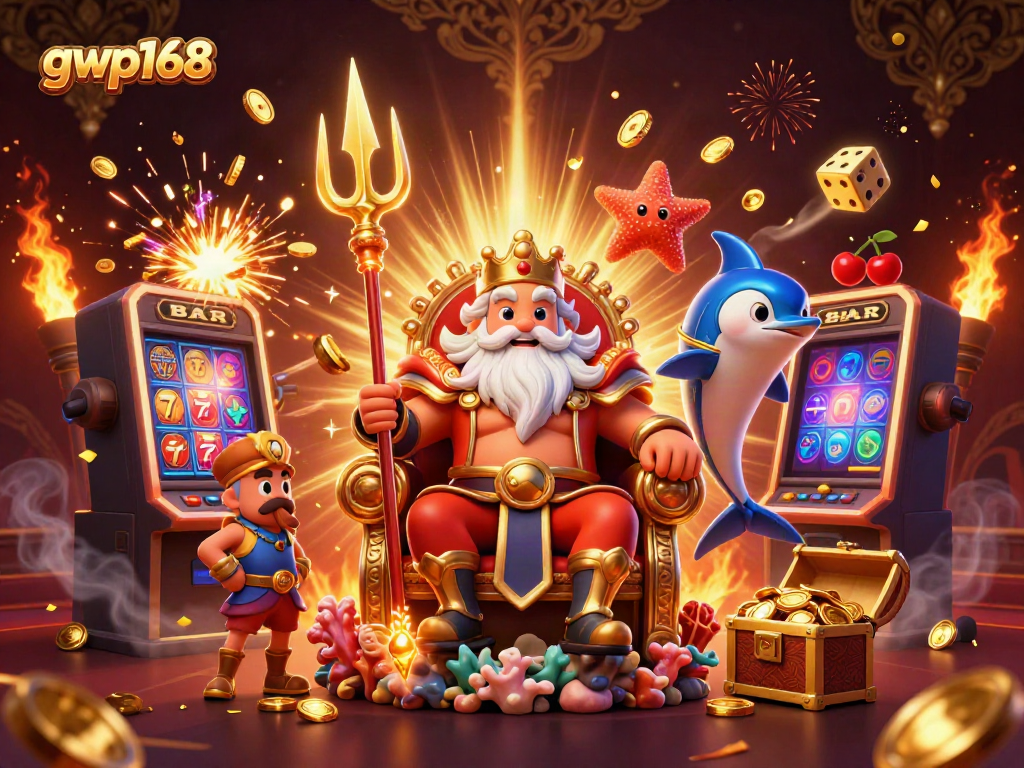 Menangkan jackpot di gwp168 dengan mesin slot berwarna-warni dan raja laut dalam ilustrasi 3D yang memukau.
