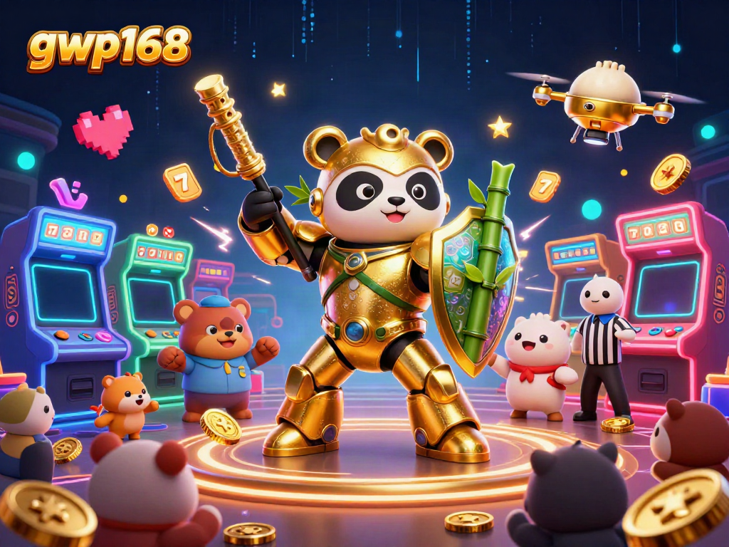 Panda emas dari gwp168 mengendalikan robot tempur dalam pertarungan slot di dunia game.