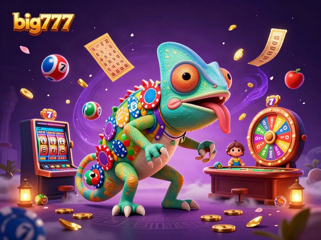 Experience the excitement at big777 with dynamic slot machines and colorful gaming elements in a vibrant casino scene.