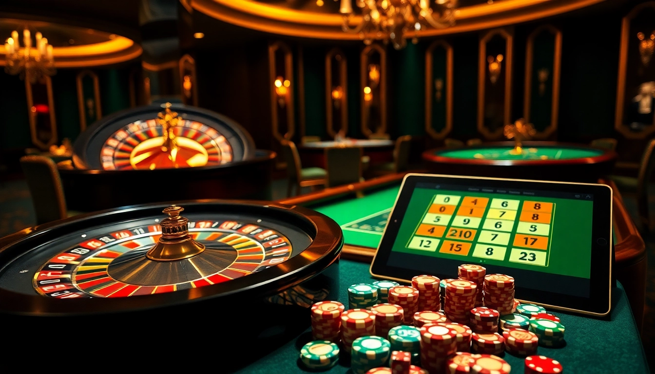 Experience the excitement of Luck8 with a vibrant casino scene featuring roulette and poker tables.