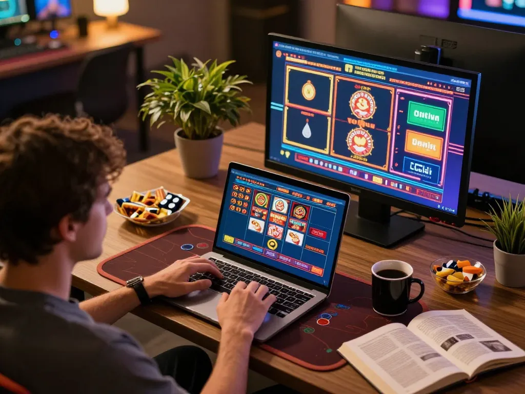 Engaged player on trang chủ jun88 using laptop for online casino games with snacks nearby