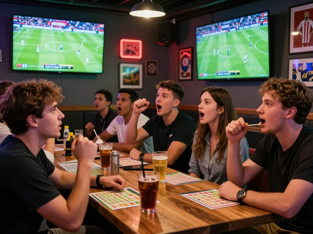 Tỷ lệ kèo bóng đá displayed on screens while fans celebrate in a lively pub atmosphere.